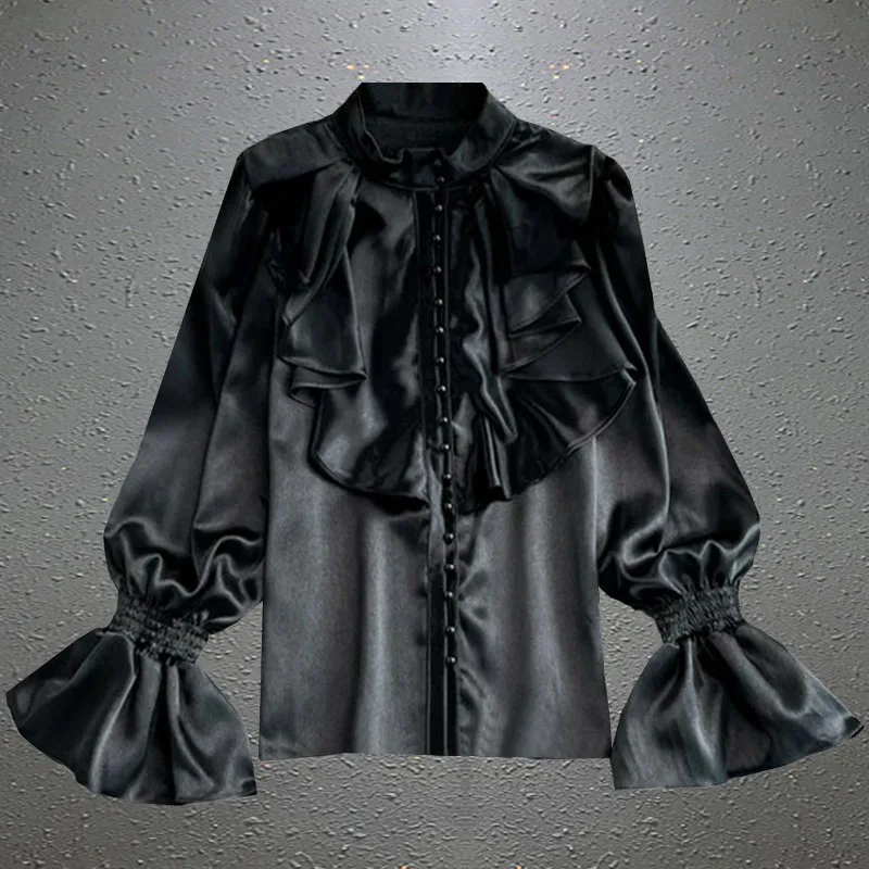 Japanese Kawaii Sweet Lolita Ruffled Shirt Flare Sleeve Y2k Aesthetic Harajuku Solid Blouse Women Grunge Loose Stand Neck Blusas