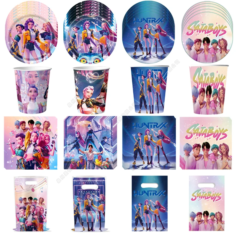 

Kpop Demon Hunters Birthday Party Decoration Girl Boy Disposable Tableware Candy Bag Tablecloth Paper Cup Plate Supplies Kit