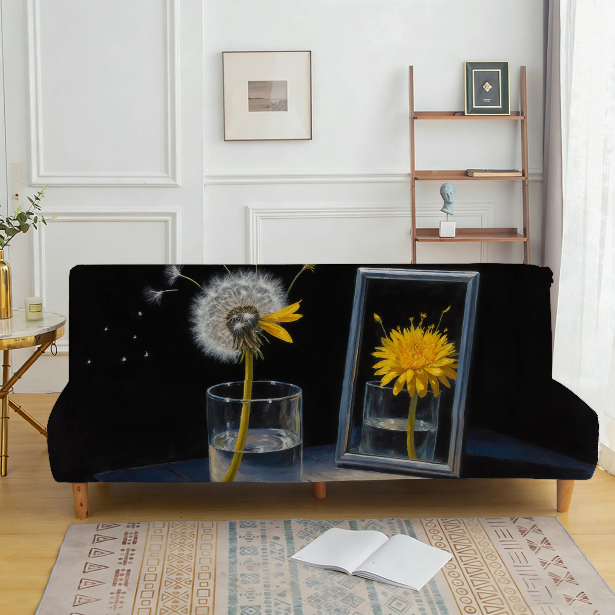Mirror flower armless elastic sofa bed cover, non-slip and anti-grab furniture protective cover, easy to install