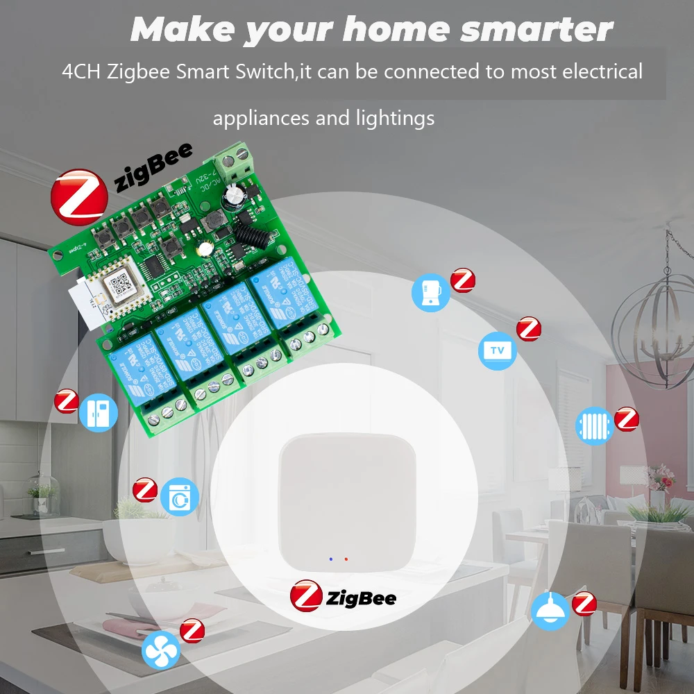 4CH Zigbee Smart Switch 220V Module APP Remote Control 12V 24V 85-250V RF Receiver 10A Smart Relay With Alexa Google Home