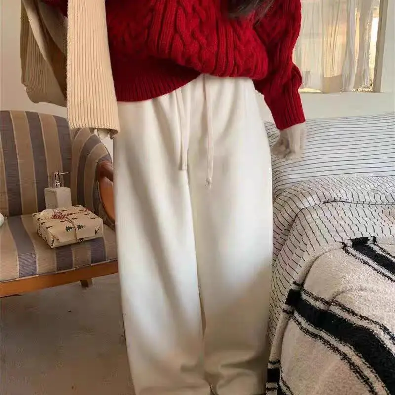 مرونة الخصر أفخم عالية الخصر الأرز الدبق مستقيم الساق السراويل النسائية سميكة الدافئة فضفاضة عارضة نمط الخريف الشتاء