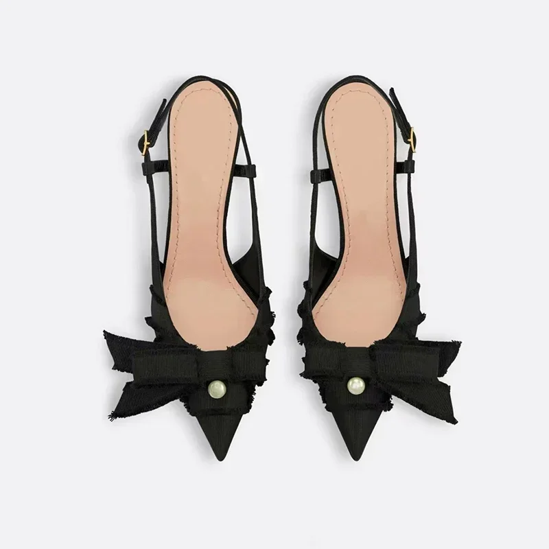 Bowknot Pearl Slingback Pointed Toe Stiletto Sandals Woman Summer 2026 Sexy Black Hollow High Heels Women's Shoes Luxury
