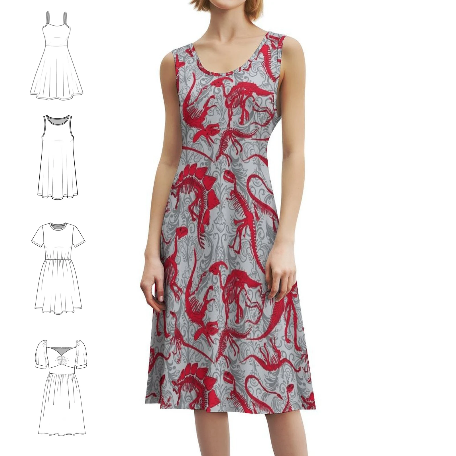 

Красное платье-комбинезон с динозаврами и цветочным принтом для женщин, весна-лето, повседневное платье для вечеринки, кости динозавров, скелеты, красные женские