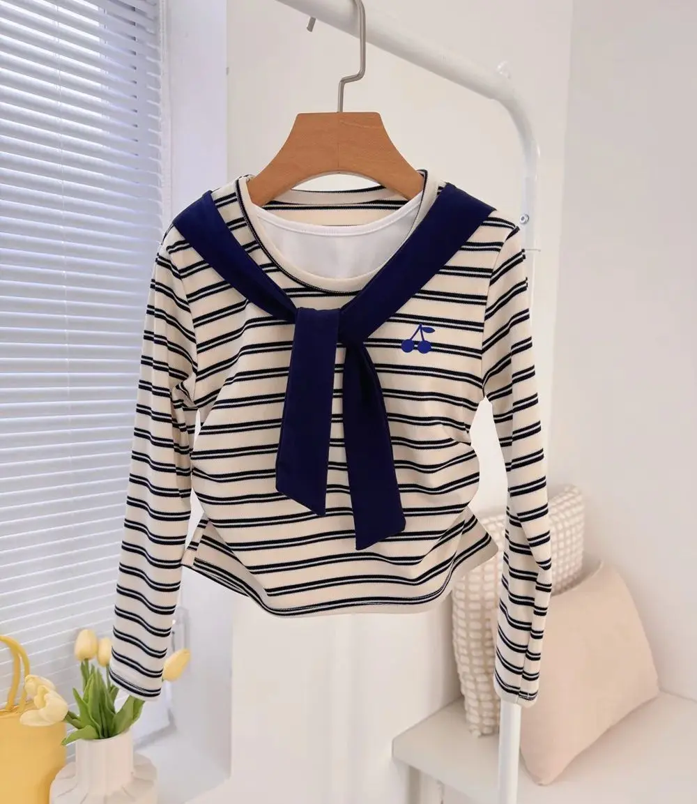 

spring Cherry T-shirt kids clothes girls sailor collar student style fake two-piece top Striped pattern casual girls' top