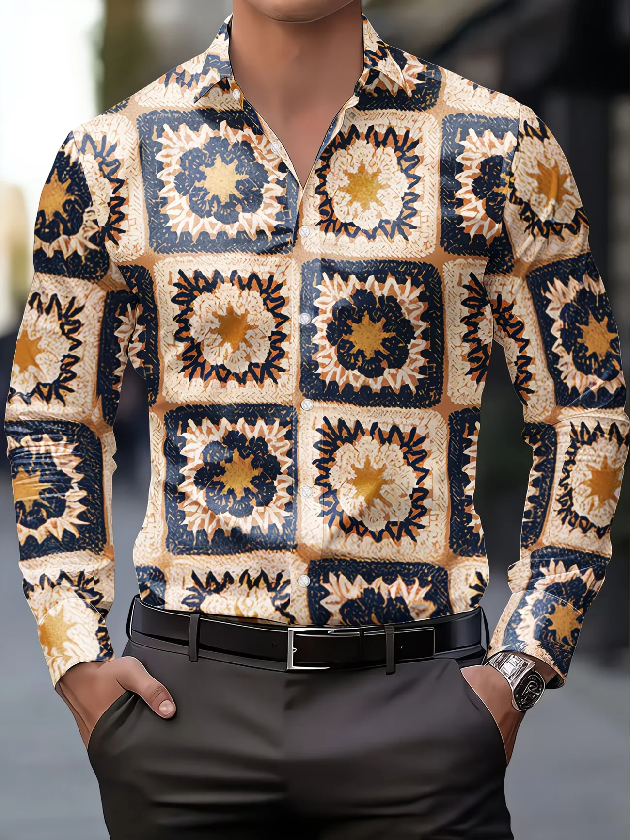 New Artistic Style Marble Patterned Shirt men's Long Sleeved Shirt Single Breasted Slim Fit Business Top