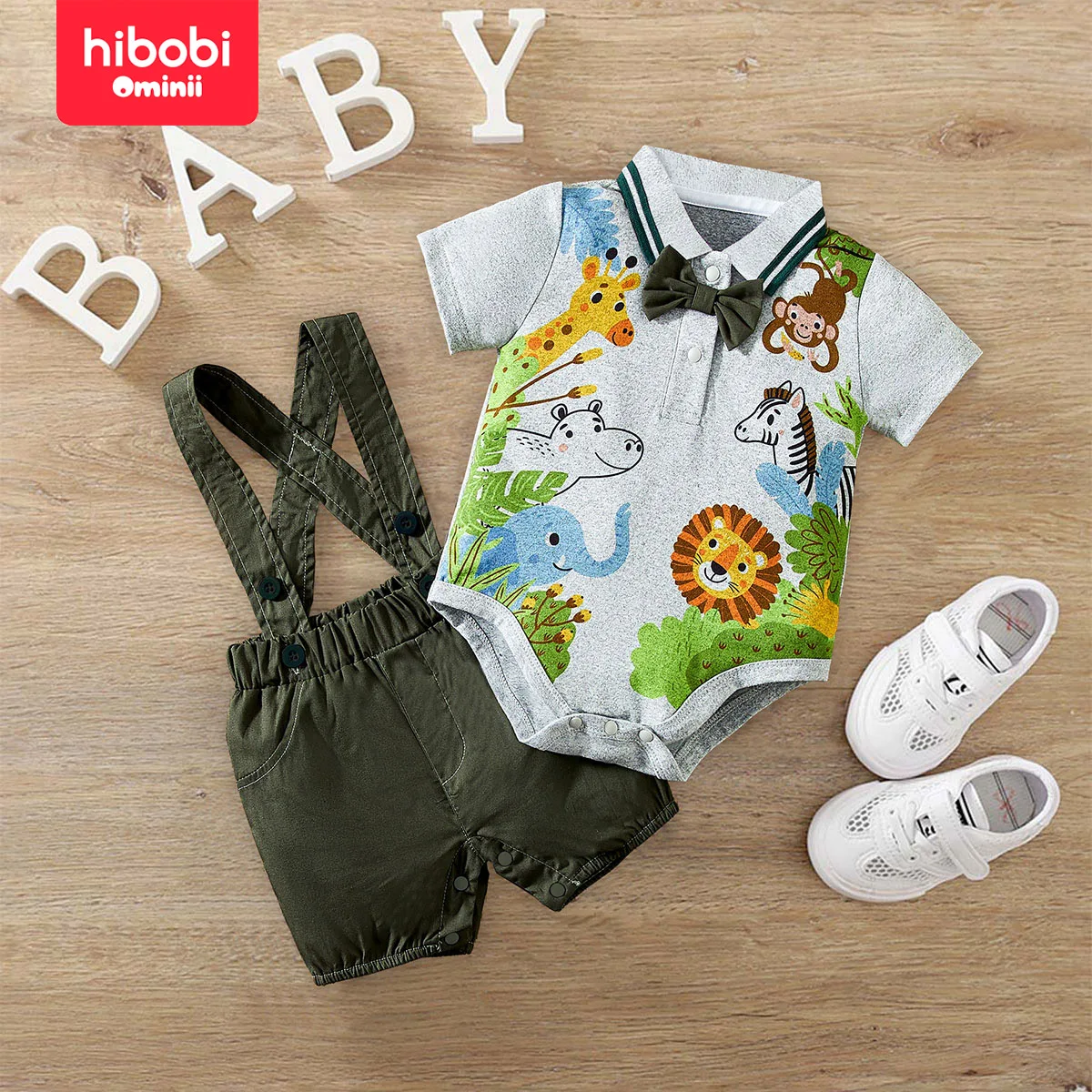 hibobi Summer 2-Piece Set Short Sleeve Cartoon Animal Pattern Gentleman\'s Lapel Romper And Bib Overall Baby Clothing Sets