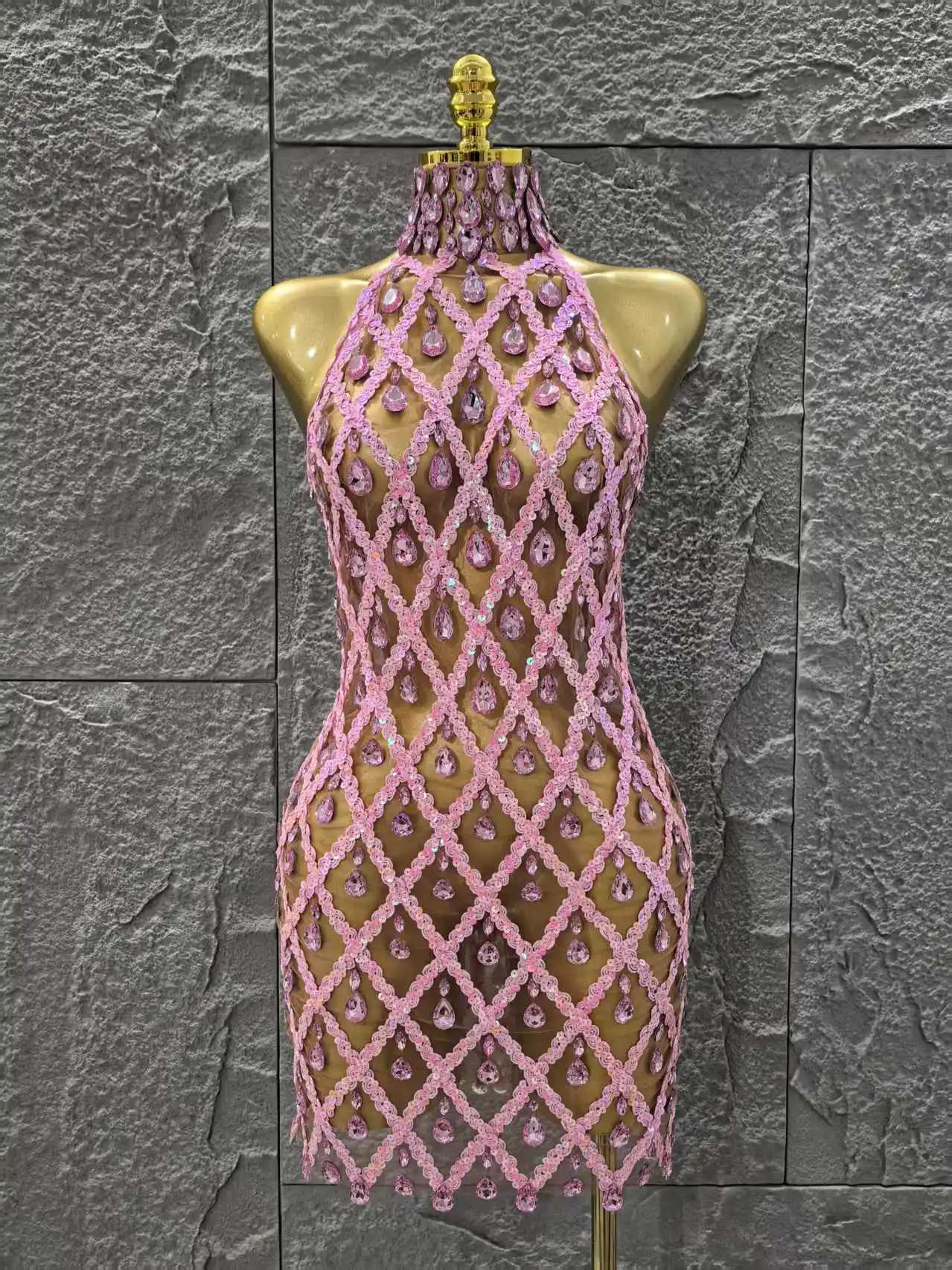 Pink Mesh Sequins Backless Transparent Rhinestones Dress Luxury Evening Party Birthday Prom Celebrate Gold Outfit Singer Costume