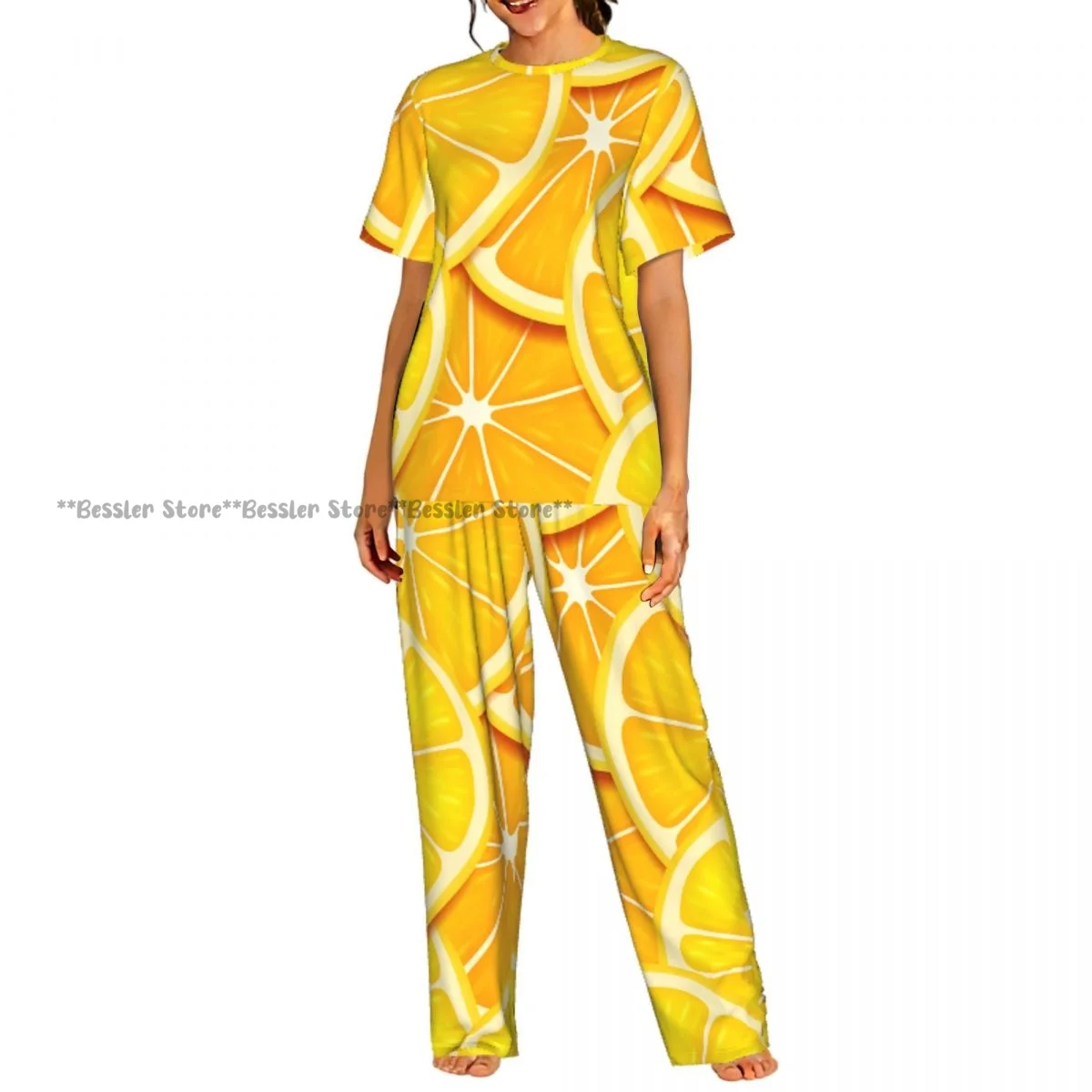 Women's Pajamas Set Textures Lemon Slices Bright Short Sleeve Sleepwear 2 Piece Homewear Loungewear