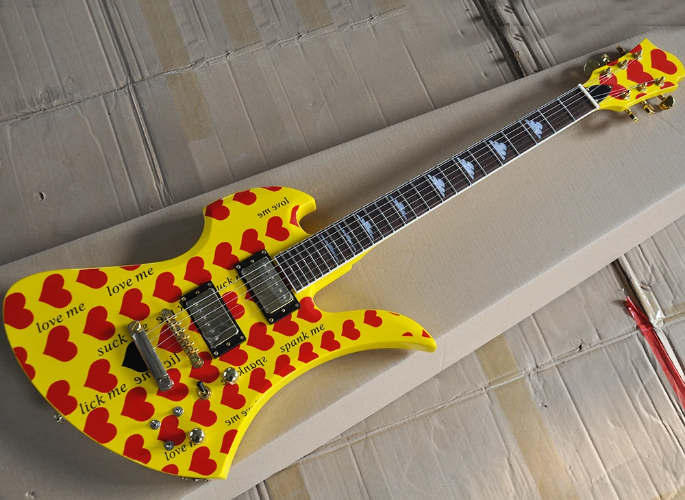 6 Strings Yellow Unusual Shaped Electric Guitar with Red Heart Pattern,Rosewood Fretboard