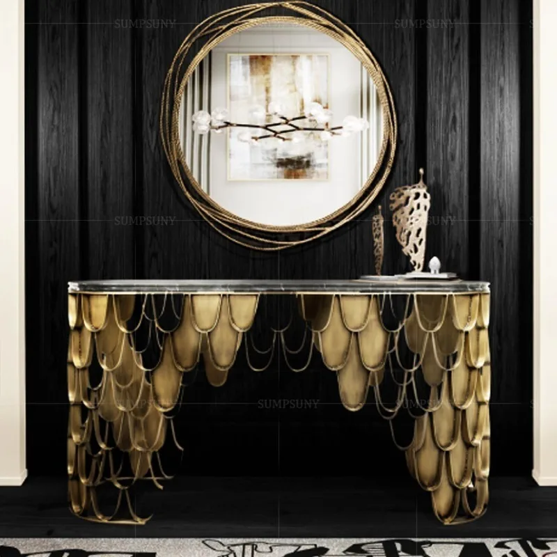 Italian light luxury marble entrance table, modern high-end art, stainless steel entrance table