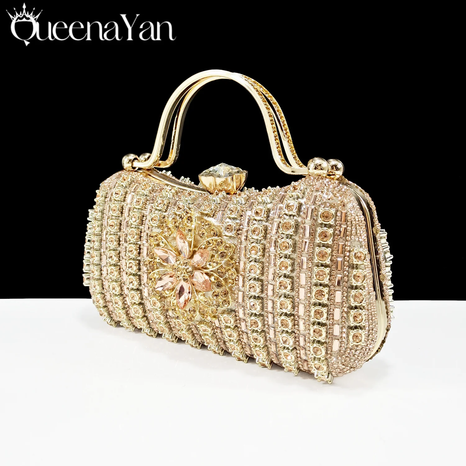 Women Elegant Black & Gold Crystal Evening Handbag, Rhinestone Floral Embellished Hard Clutch, Top Handle Purse for Wedding
