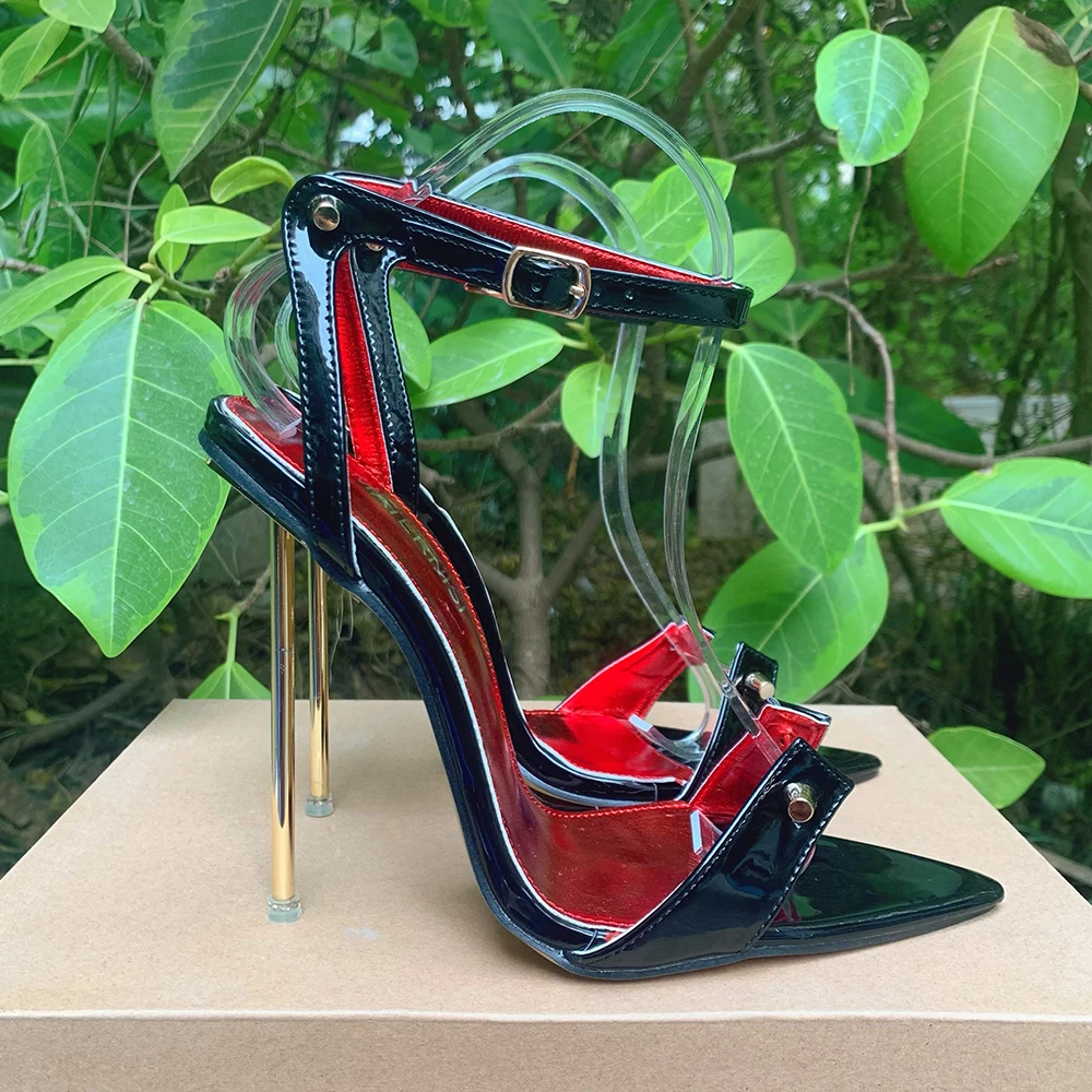 12cm Metal High Heels Stilettos Sexy Summer Sandal Women Pumps Ankle Strap Fetish Pointed Toe Black Slingback Unisex Shoes