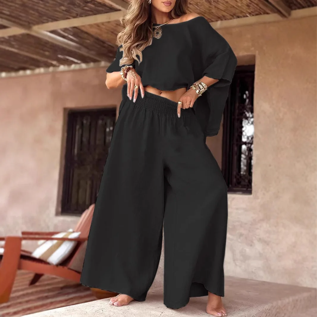 2025 cor sólida casual solto em torno do pescoço fora do ombro verão terno feminino festival outfit