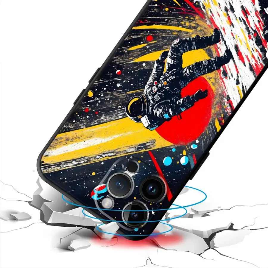 حافظة لهاتف آيفون 17 اير 13 12 11 17 برو ماكس 7 8 XR 15 16 14 Plus XS Max غطاء هاتف ناعم أسود كارتون جالاكسي رائد الفضاء #3