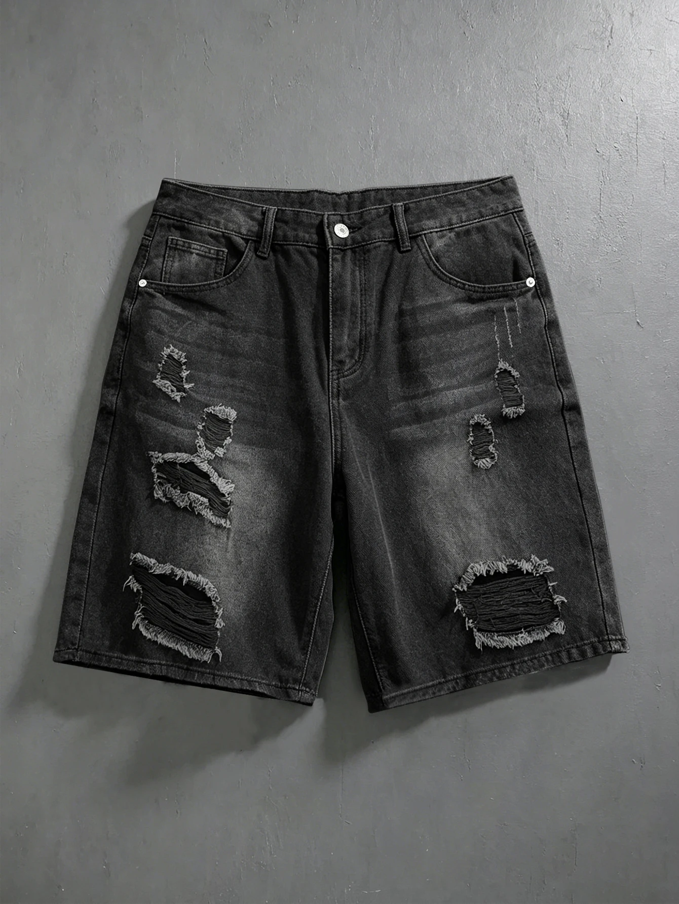 Men Casual Shorts Vintage Black Washed Ripped Straight Knee Length Shorts Streetwear 67% Cotton XS-XXXL
