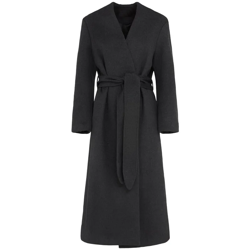 

Серое шерстяное женское пальто с v-образным вырезом и длинным рукавом, зимнее теплое пальто для улицы с поясом