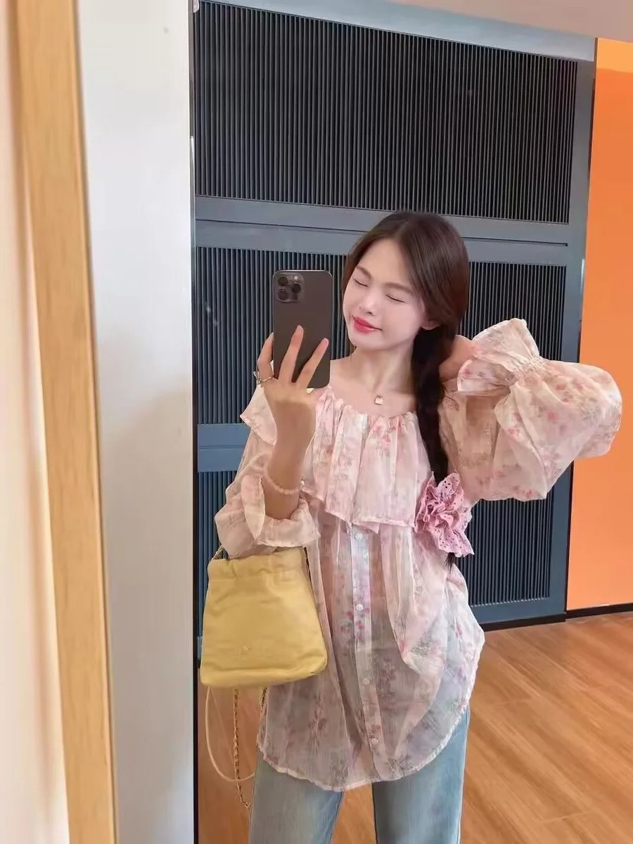 

plus Size 300 Pounds Sweet Floral Lace Trim One Shoulder Long Sleeve Thin Chiffon Shirt Women's Summer Korean Style Loose Fit