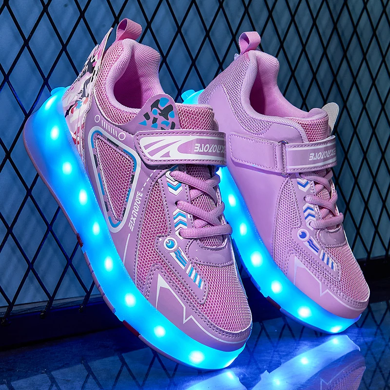 Children’s High Top Four Wheels Luminous Glowing Sneakers Led Light Roller Skate Boots Kids Casual Shoes Boys Girls USB Charging
