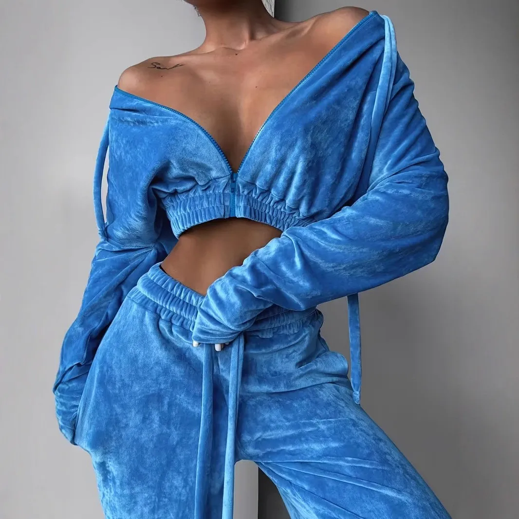 

Womens Matching Sets Pants Crop Top Wide Leg Trousers Velvet Fabric Solid Blue Long Pants Elastic Waist Drawstring Waist Pants