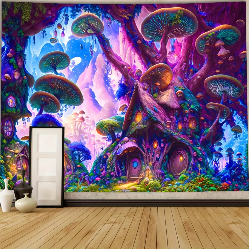 VIKAMA Mushroom Fairy House Tapestry Psychedelic Forest Wall Hanging for Party Room Decor Wall Hanging Tapestry