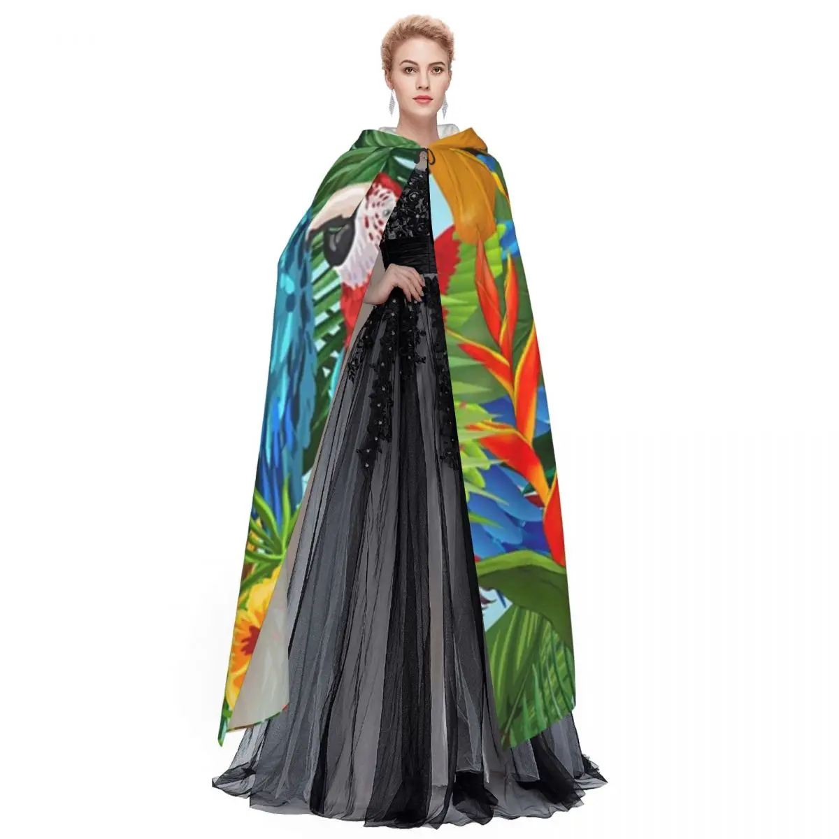 Tropische planten bomen en vogels lange capuchon mantel heks middeleeuws kostuum cosplay Cape Halloween jas volwassen unisex