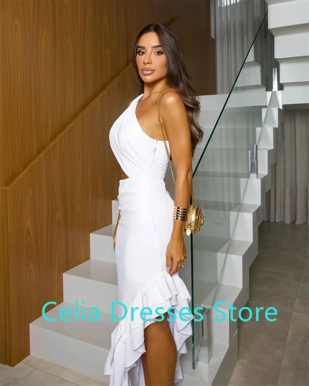 カスタマイズされたクラシックホワイトジャージーイブニングドレスワンショルダーノースリーブセレブドレス気質特別な日のドレスセクシー