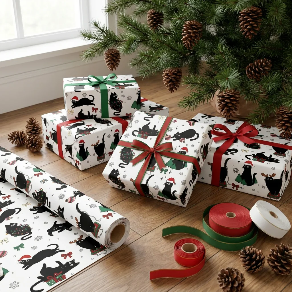 Christmas Wrapping Paper Black Cat Cute Santa Xmas Gift Wrap Paper Roll Holiday Party Gift Wrapping Decor for Cat Lovers