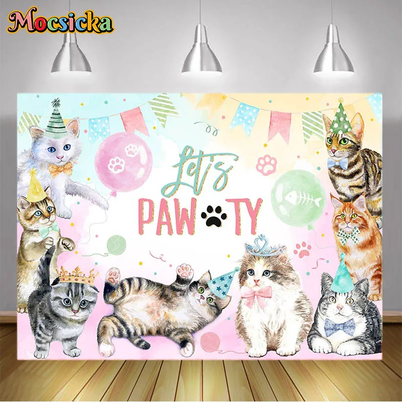 Cat Birthday Party Backdrop Pink Let’s Pawty Kitten Background for Photography Pet Paw Theme Decoration Meow Cake Table Prop