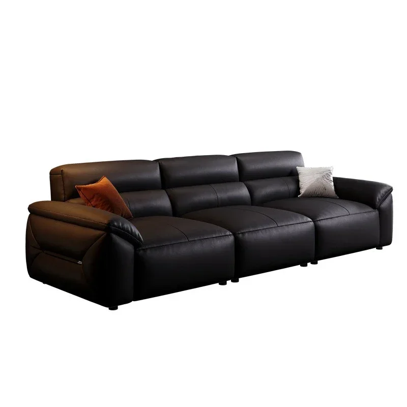 

Italian minimalist retro style living room premium big black cow black tofu block leather sofa