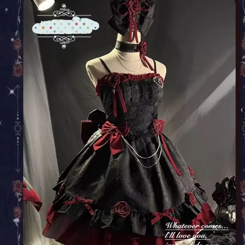 الصيف الثقيلة وضعت لوليتا فستان بحزام لولي بنات الجوزاء أسود أحمر/أسود أزرق سلسلة داكنة القوطية نمط الفتيات فساتين حزام