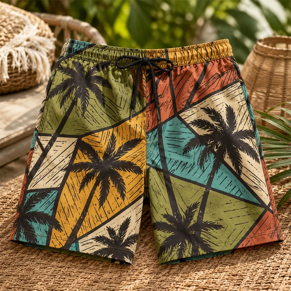 Hawaiian Palm Tree Pattern Beach Short For Men Vacation Style Hawaii Board Shorts Summer Outdoor Casual Daily Fashion Shorts