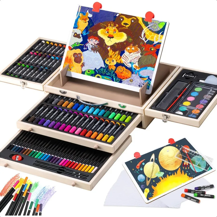 

Art plies Deluxe Art Set with Drawing Easel Crafts Kit in Portable Wooden Case Oil Pastels Colored Pencils Watercolor Cakes Ske
