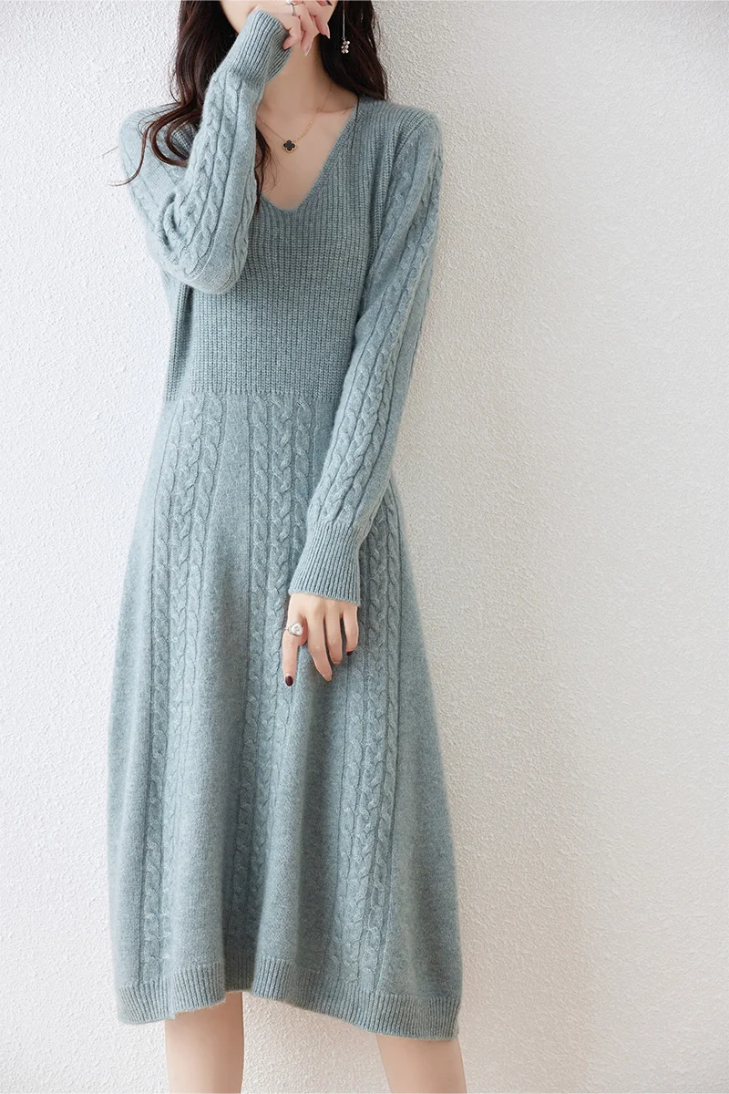 

Women's Merino Wool Long Sweater, Thick Dress, Pleated Cable Flowers, Solid Color, Commuting, Casual, Autumn, Winter, New, 100%