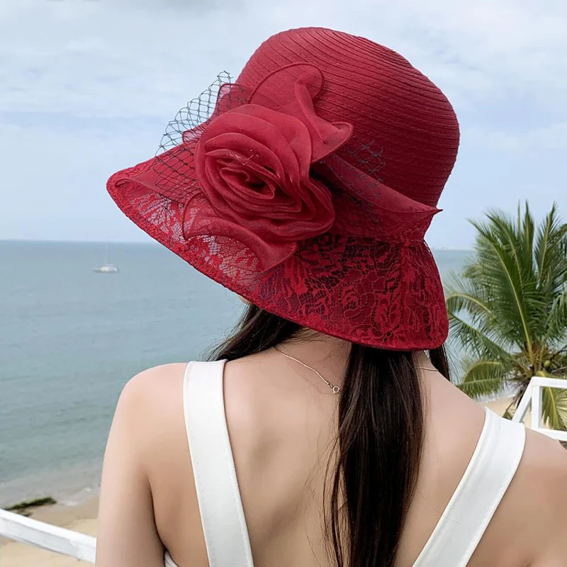 1pc Summer New Organza Flower Pot Hat Women\'s Elegant Outdoor Sunshade Cap Fashion Causal Large Brim Bucket Fisherman Hat