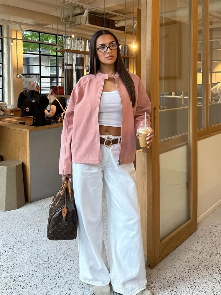 

Elegant Lady Pink Short Suede Jacket Breathable Daily Coat Long Sleeve O-neck Zipper Pocket 2025 Autumn Street Fashion Outerwear