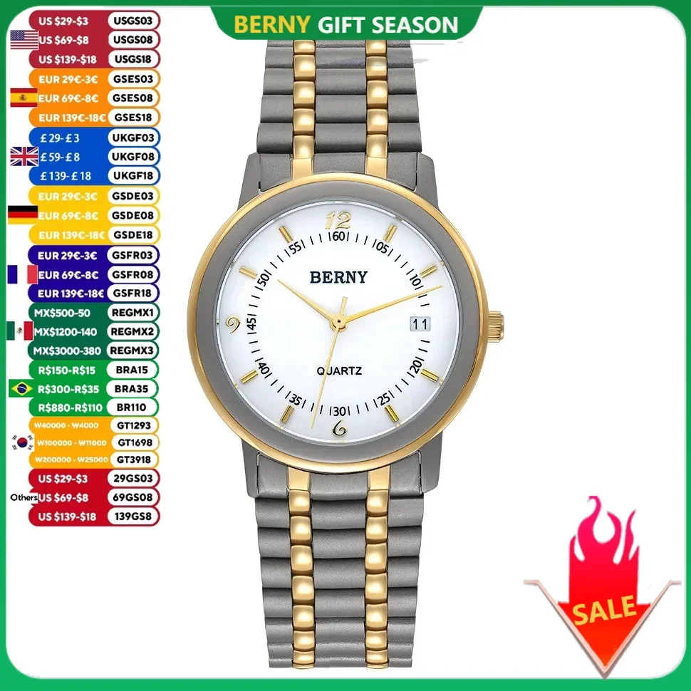 BERNY Titanium Men Watch Ultra-thin Lightweight 34mm Quartz Wristwatch Gold Tone Small Dial Casual Watches Male Clock Waterproof