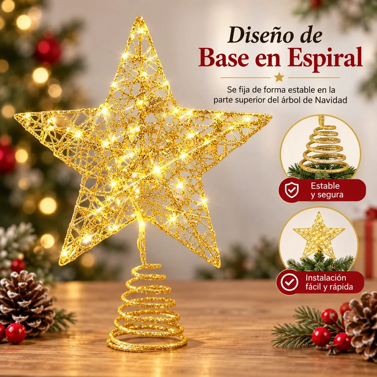 Stella natalizia dorata in ferro per la punta dell'albero, con luci LED calde, ornamento natalizio lucido 17x10x10 cm con base a spirale per decorazioni festive di casa e feste