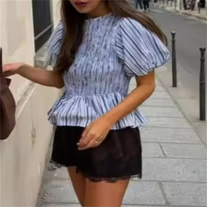 2026 Women's New Striped Honeycomb Pattern Top Casual Versatile Elegant Simple and Generous