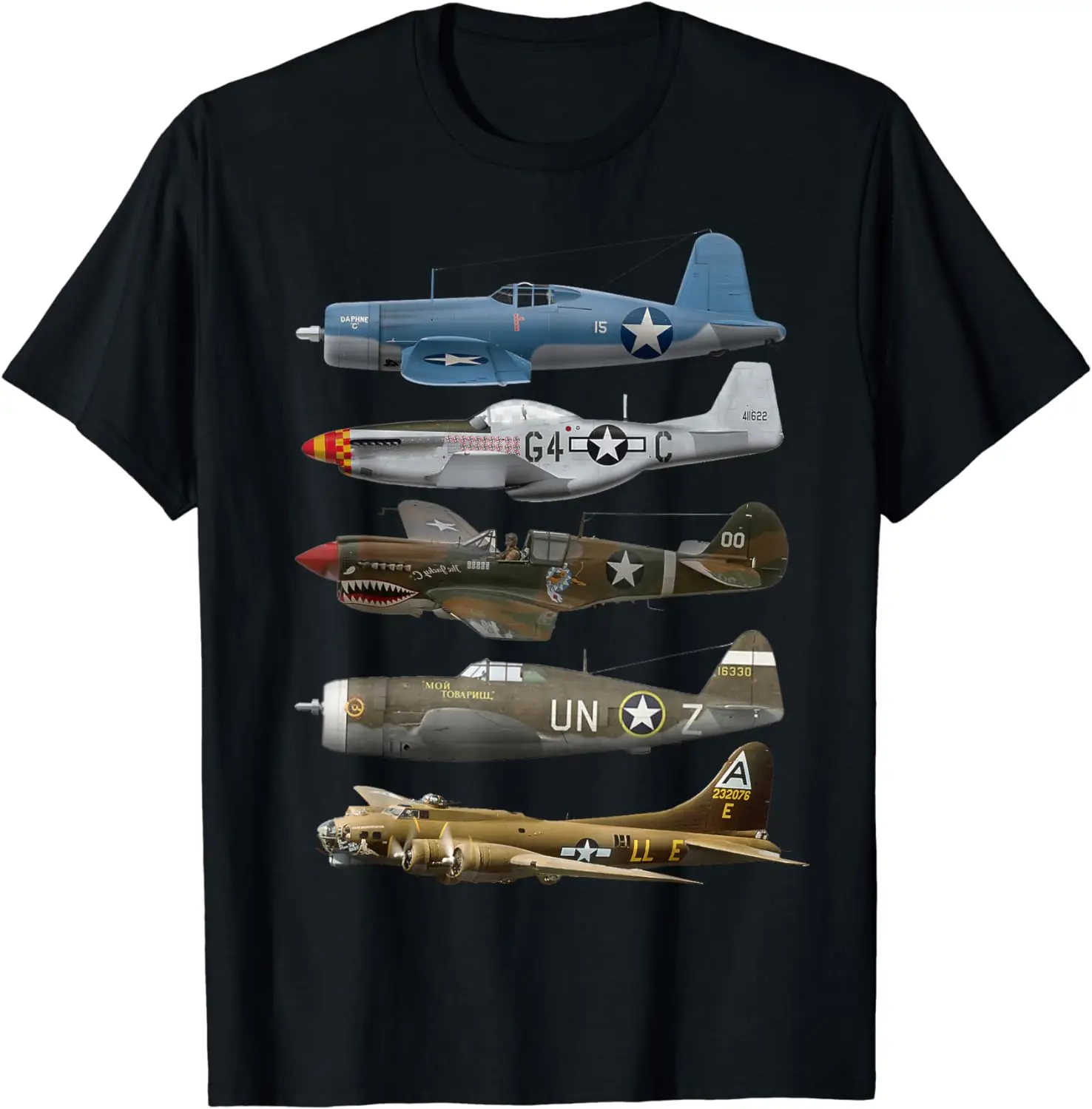 WW2 Warplanes B-17 P51 Mustang F4U Corsair P40 Warhawk T-Shirt