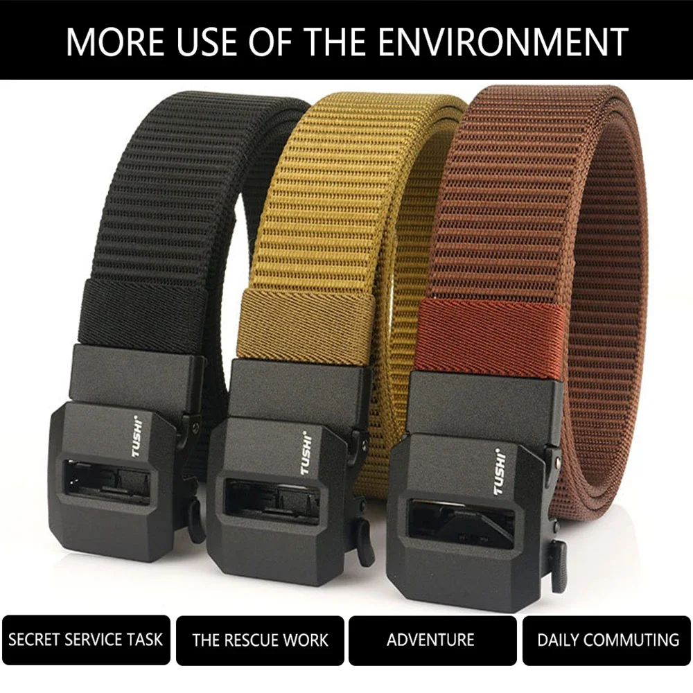 TUSHI Brand Classic High-End Elongated Thickened Men's Tactical Nylon Waist Belt Toothless Smooth Automatic Buckle Canvas Nylon