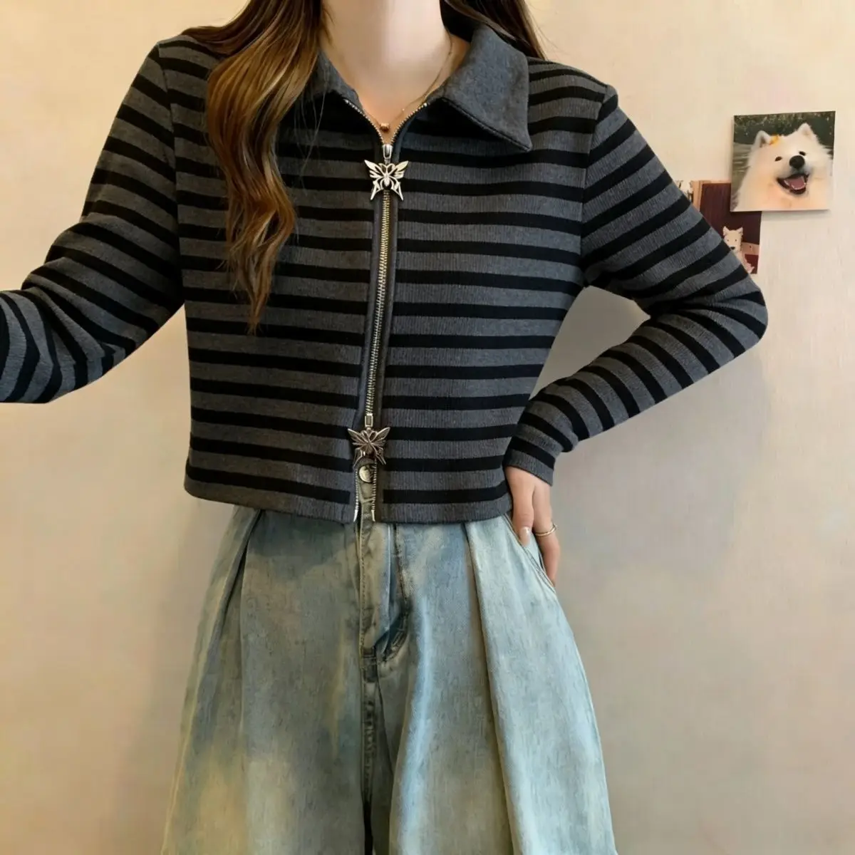

Women's Small Coat Spring and Autumn Jacket New Style, Striped Retro Short Versatile Long Sleeved Butterfly Zipper Top