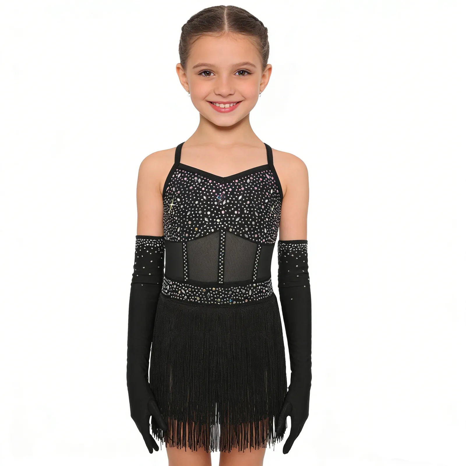 Children Girls Latin Jazz Dance Tassel Leotard Dress with Mesh Gloves Cha-cha Tango Rumba Samba Ballroom Salsa Costume Dancewear