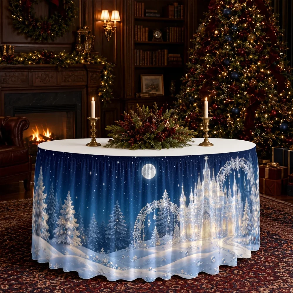 One tablecloth. Winter Wonderland Castle. Snowy Night. Fairy Tale Scene. Magical and charming.xzj