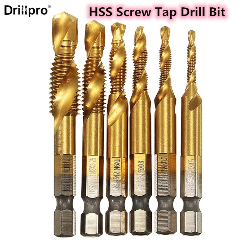 

Фрезерные головки Drillpro, 6 шт., стандартные фрезы, 1/4 дюйма, HSS, с титановым покрытием, набор концевых фрез, фрезерные головки для деревообработки, стали, электроинструменты