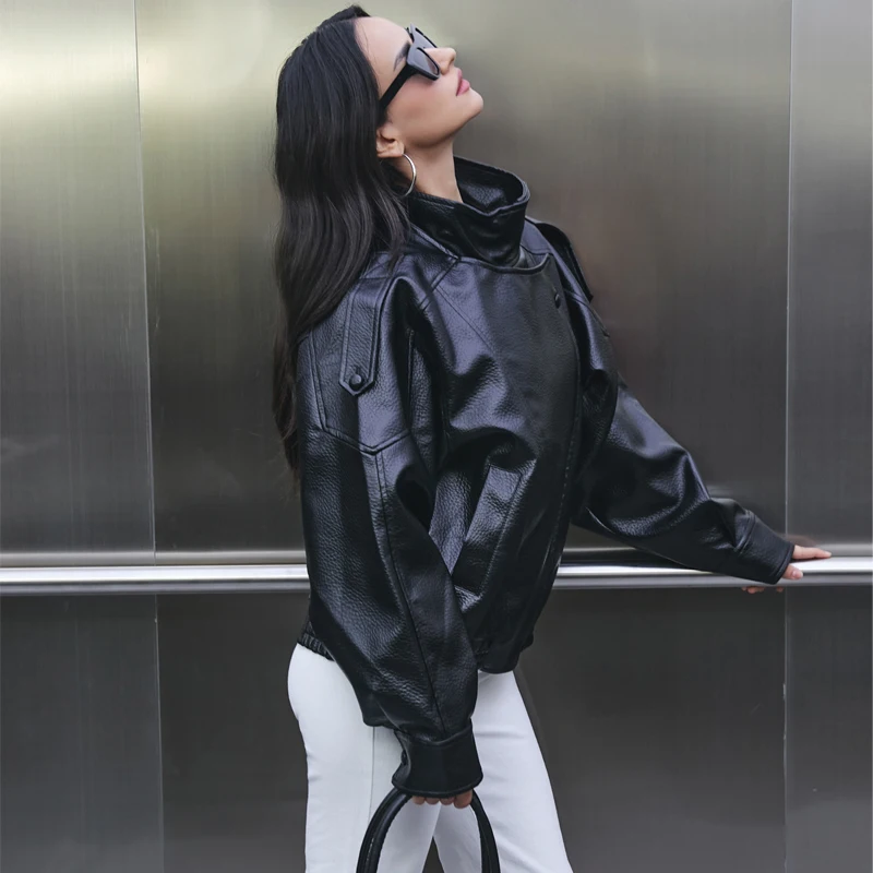 MUJER Faux Leather Women's Jacket Black Oversize Bomber Jackets for Women Outerwears Winter Overcoat Female Fashion Jacket Woman