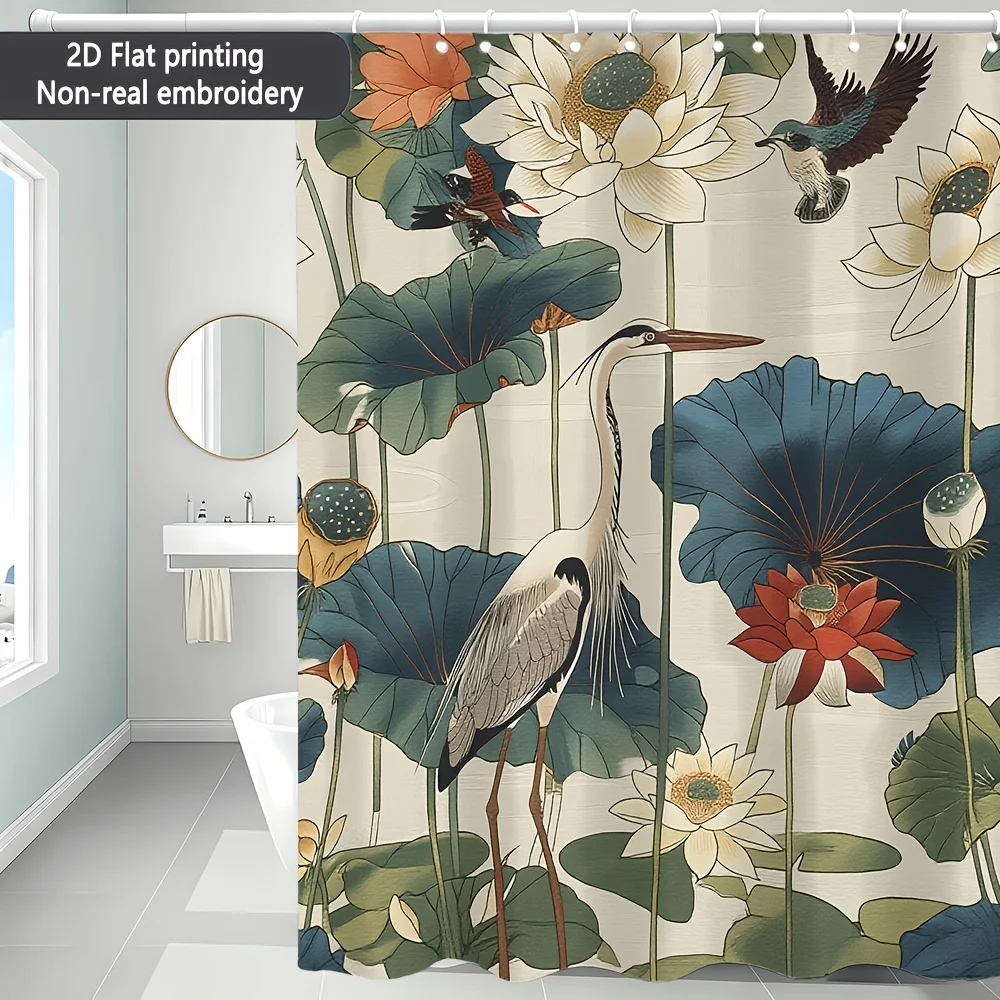 Statement Tropical Botanical Shower Curtain with Crane and Lotus Print Waterproof Bathroom Decor 180x180cm