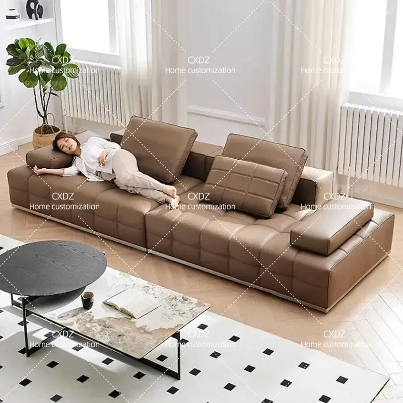 High End Leather Sofa Villa Living Room Large Apartment Maillard Retro Modular Italian Minimalist Design