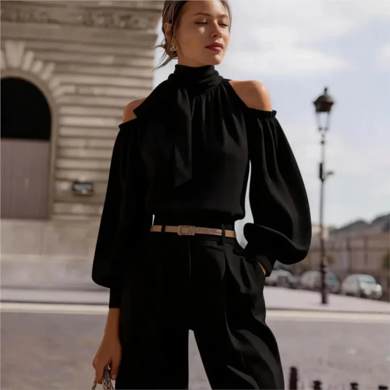 Women Summer Off Shoulder Shirt Solid Color Lantern Sleeves Blouse Casual Loose Fit High Collar Lace-up Ruffle Tops 2026 Summer