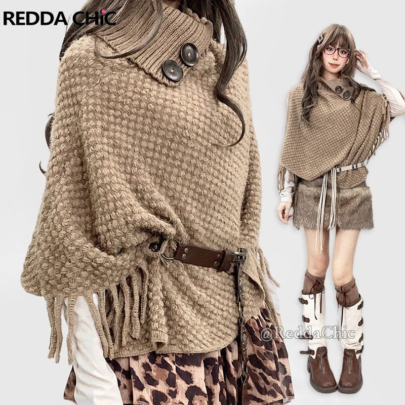 

REDDACHiC водолазка-пончо, свитер, осенние накидки, повседневная свободная посадка с бахромой, асимметричная вязаная шаль, накидка в стиле вестерн, женская одежда в стиле ретро