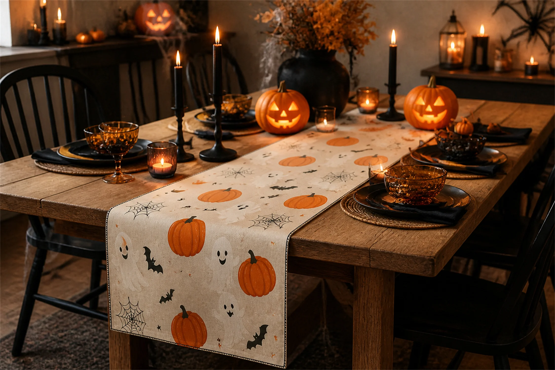 Ghost Pumpkin Table Runner Spooky Pattern Dining Table Decor Home Party Decoration Gift Kitchen Accent
